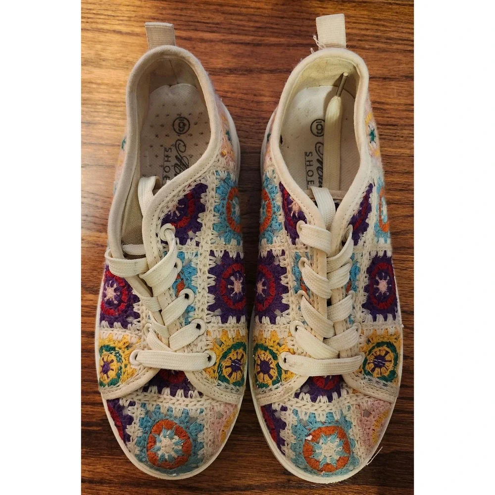Mata Shoes Crochet Granny Square Platform Sneakers Multicolored Boho Womens 6